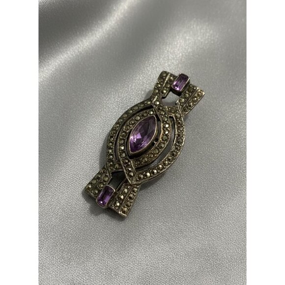 Sterling Silver Vintage Marcasite Brooch with Purple Glass Stones - Picture 1 of 3